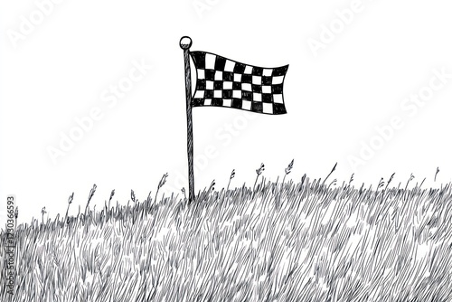 Checkered flag at a grassy field marks the end of a race, possibly for a sports event photo