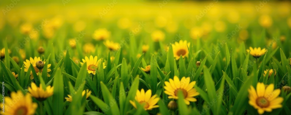 Fototapeta premium A carpet of bright yellow petals covers the lush green grass, sunflower, nature