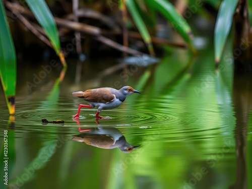 Red-legged crake Rallina fasciata wading through shallow water in the rainforest, wildlife, muddy banks, plants photo