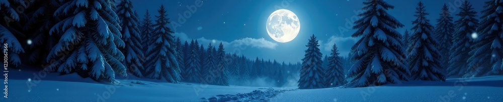 A full moon casts an ethereal glow over a snowy forest as the ground is blanketed with falling snowflakes, illuminated, dark A full moon casts an ethereal glow over a snowy forest as the ground is blanketed with falling snowflakes, illuminated, dark