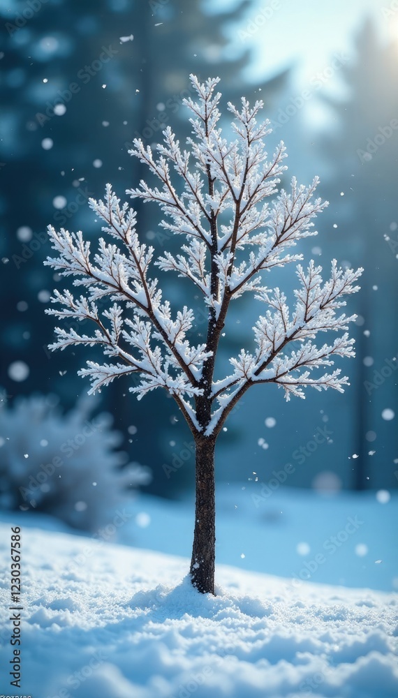 A flurry of white snowflakes surrounds a bare tree, cold, frosty, icy A flurry of white snowflakes surrounds a bare tree, cold, frosty, icy