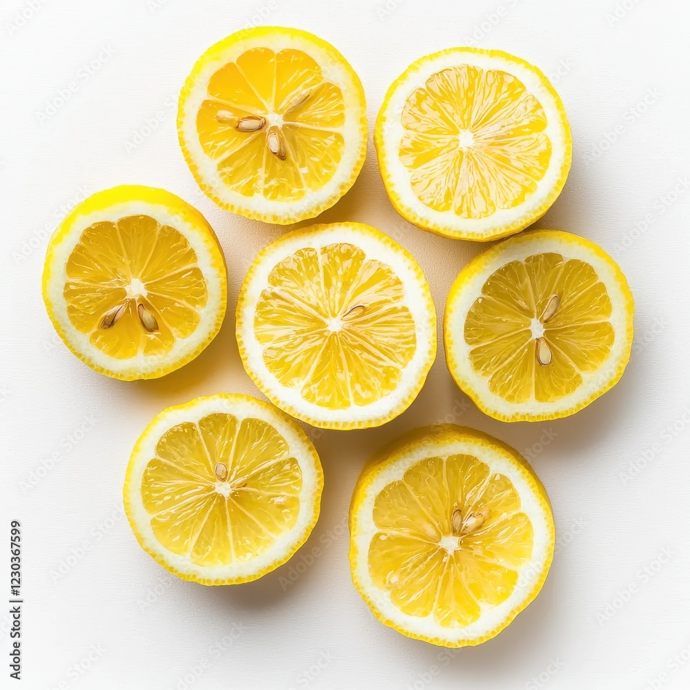 Fresh Lemon Slices Displayed on White Background for Culinary Use Fresh Lemon Slices Displayed on White Background for Culinary Use