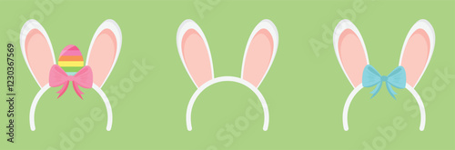 Set of hoops with bunny ears and Easter eggs. Hoops with bow on green background. Holiday hat for party. Vector elements eps.