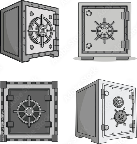 Detailed Bank Vault Illustrations. High Resolution Vector Illustrations of Safes for Security System Advertisements, Bank Marketing, and Financial Content.