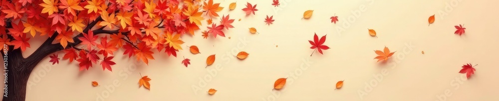 A scattering of crimson and amber leaves on a soft beige surface, tree, seasonal A scattering of crimson and amber leaves on a soft beige surface, tree, seasonal
