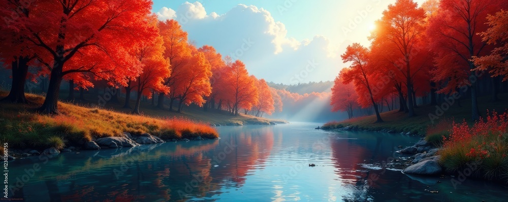 Naklejka premium A serene river flows gently through a forest of crimson and orange trees against a blue sky, warm colors, landscape, scenery