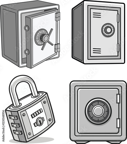 Detailed Bank Vault Illustrations. High Resolution Vector Illustrations of Safes for Security System Advertisements, Bank Marketing, and Financial Content.