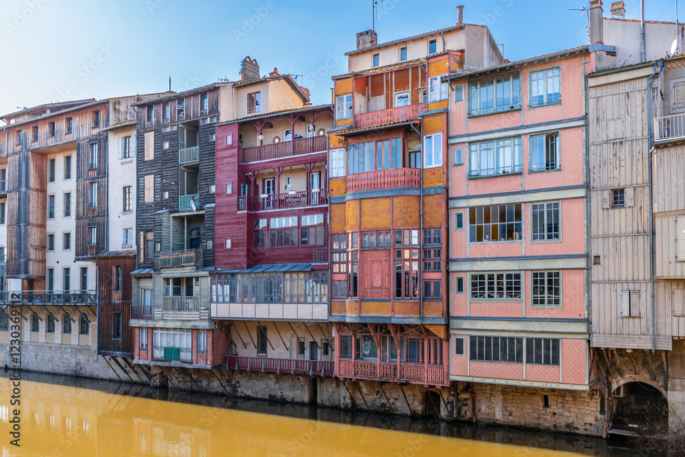 Naklejka premium Facades of houses in the town of Castres on the Agout River in Occitanie, France