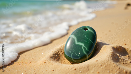 Maori carved greenstone pendant resting on sandy beach, natural beauty