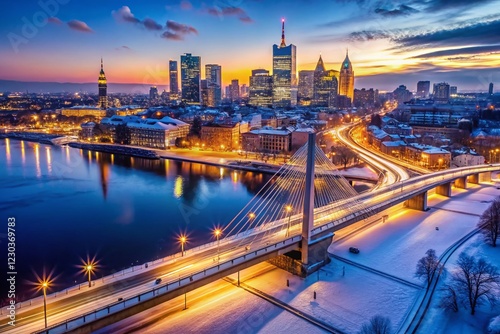 Panoramic Aerial Winter View of Warsaw City Center, Holy Cross Bridge, and Skyscrapers at Night