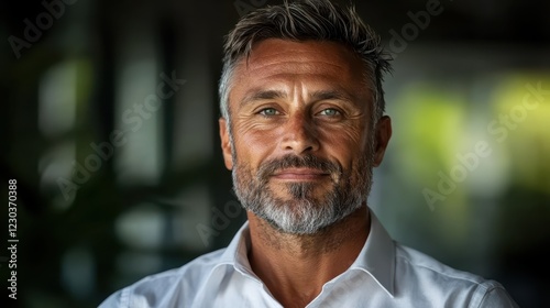 A confident man with a well-groomed beard and striking eyes offers a warm smile, embodying strength, determination, and charisma in a natural setting. photo