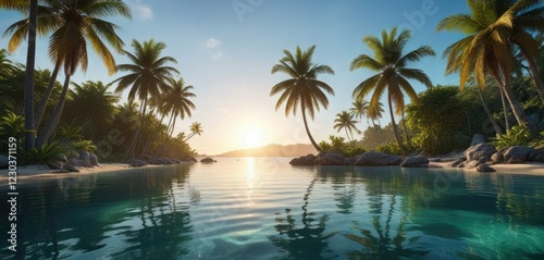serene tropical lagoon with crystal clear water and swaying palm trees, aquatic, water