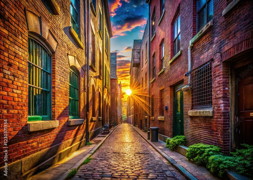 Fototapeta premium Panoramic City Alleyway: Sunlit Brick Buildings and Shadows