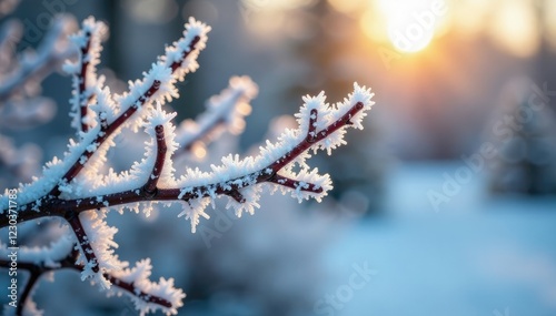 Frosty branches with ice crystals glisten in sunlight, nature, frosty, cold weather