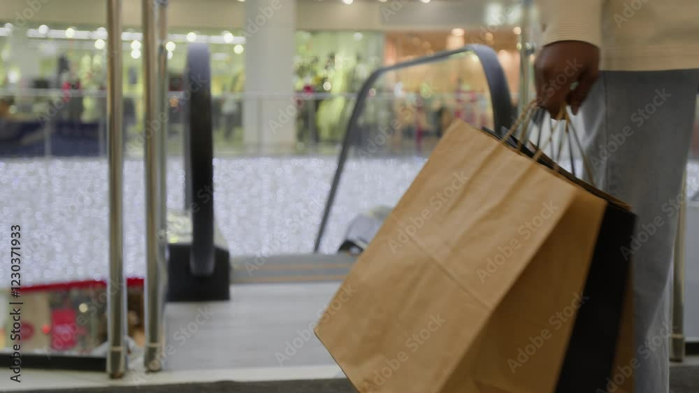 Midsection slowmo shot of unrecognizable male and female shoppers with lots of paper bags going off escalator, having leisure time in shopping mall