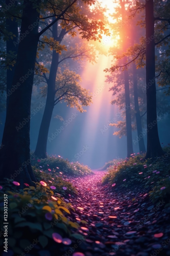 Fototapeta premium Iridescent colors dance in the air above a serene forest, iridescent, light, airy