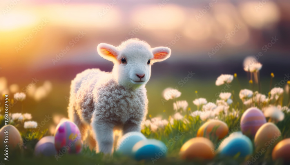 Fototapeta premium Cute little lamb with curly white wool stands in a blooming spring meadow with Easter eggs in the fresh green grass. Beautiful Paschal seasonal background