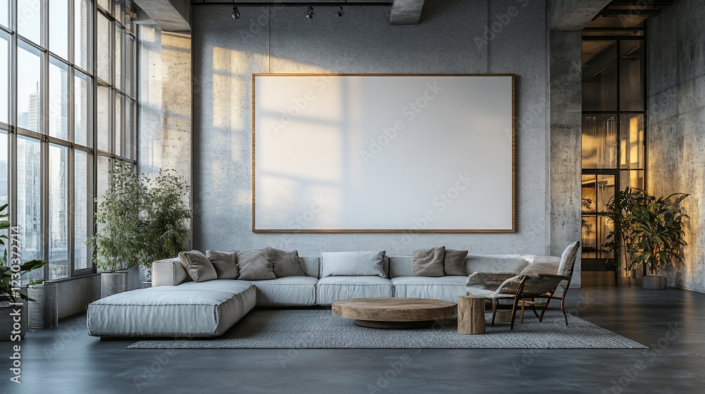 Modern minimalist living room with large windows, cozy sofa, and empty wall for art display Modern minimalist living room with large windows, cozy sofa, and empty wall for art display