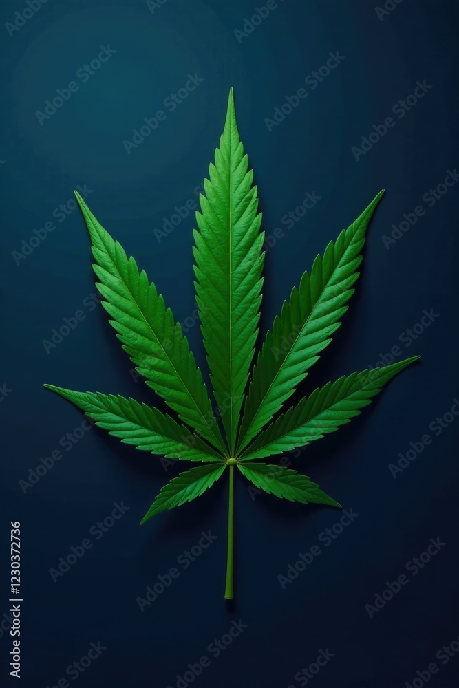 Isolated cannabis leaf on a dark blue background with highlights, cannabis, botanical Isolated cannabis leaf on a dark blue background with highlights, cannabis, botanical