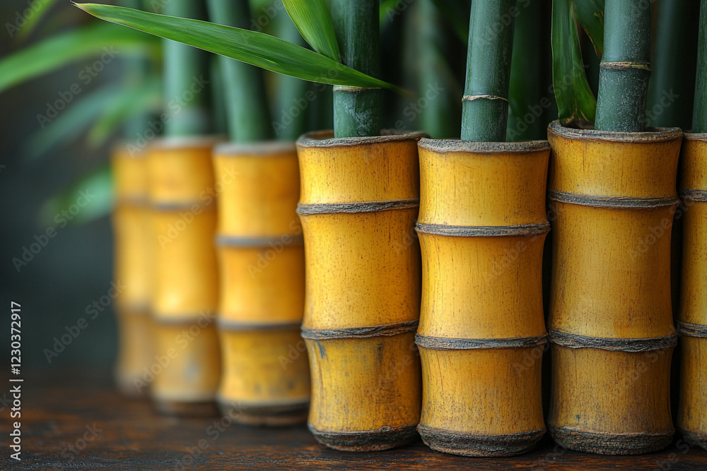 Green bamboo stalks in yellow bamboo pots Green bamboo stalks in yellow bamboo pots