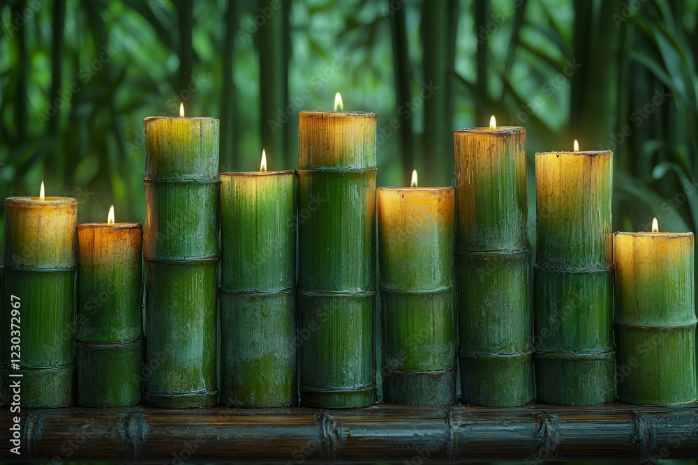 Lit Candles Arranged in Bamboo Holders Against Green Background Lit Candles Arranged in Bamboo Holders Against Green Background