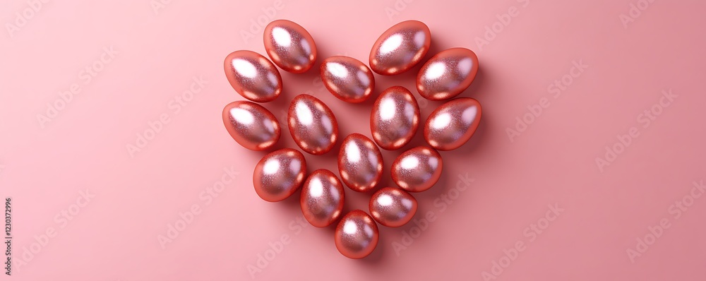A powder pink solid background with shiny eggs arranged in a heart-shaped layout