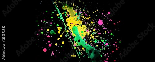 Vibrant background with splashes of green, yellow, and pink on solid black.