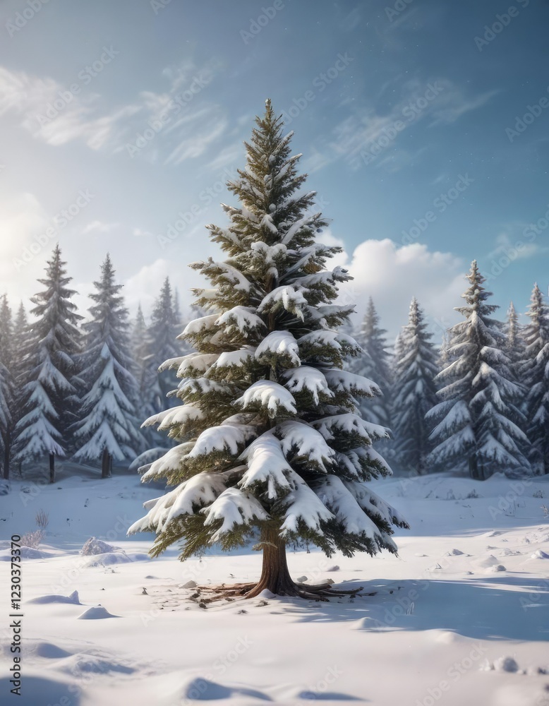 snow-covered christmas tree in a winter landscape, winter wonderland, frosty morning snow-covered christmas tree in a winter landscape, winter wonderland, frosty morning