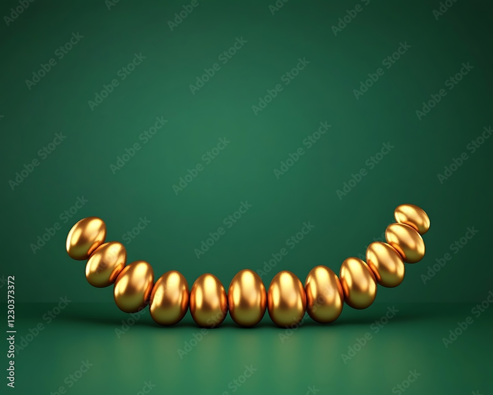 Obraz premium A rich emerald green solid background with golden Easter eggs aligned in a crescent shape