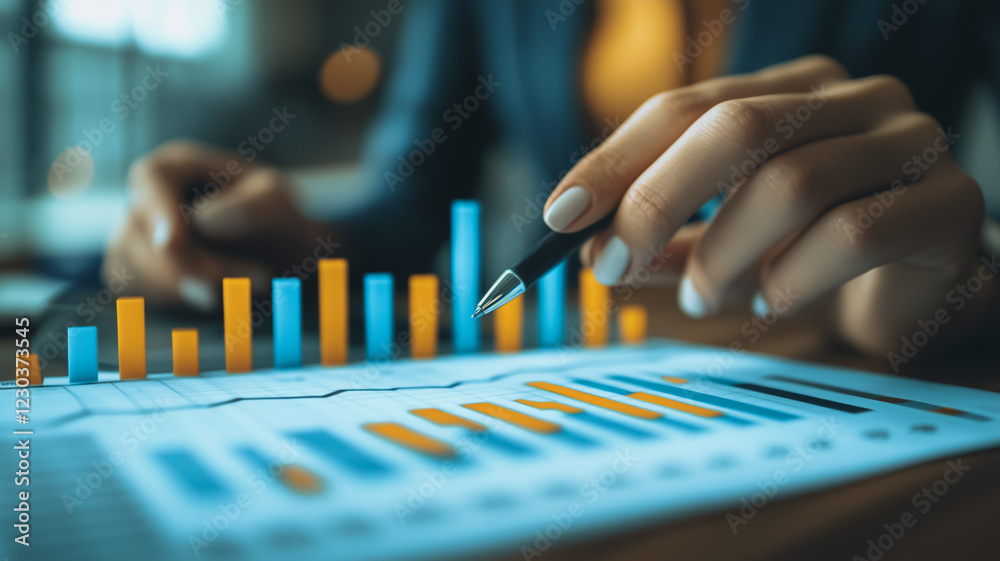 Analyzing the Numbers: A close-up image of a businesswoman's hands meticulously analyzing a bar chart, revealing the strategic insights and focused determination behind successful business ventures. Analyzing the Numbers: A close-up image of a businesswoman's hands meticulously analyzing a bar chart, revealing the strategic insights and focused determination behind successful business ventures.