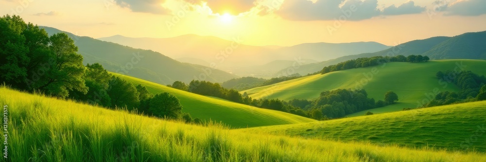 Lush green meadows and hills bathed in golden light, verdant, meadow Lush green meadows and hills bathed in golden light, verdant, meadow