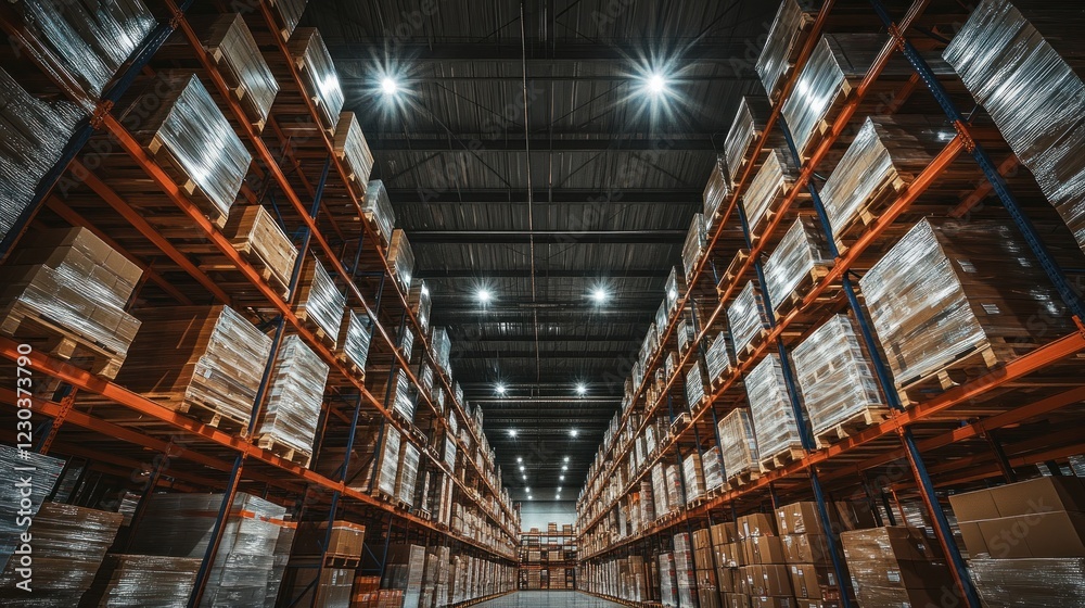 Fototapeta premium Industrial Warehouse Interior: A Perspective of Endless Rows