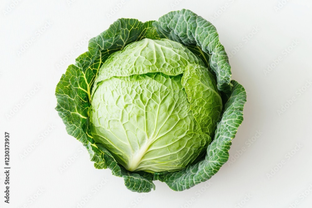 Fototapeta premium Fresh savoy cabbage on white background promoting healthy eating and vegan lifestyle