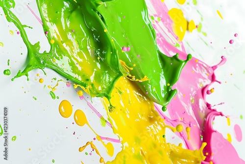 Vibrant splashes of green, yellow, and pink on a solid white backdrop.