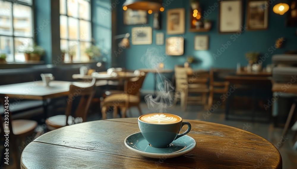 Steaming latte art in a teal cup on a wooden table in a cafe. Steaming latte art in a teal cup on a wooden table in a cafe.