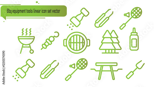 Bbq equipment tools linear icon set vector