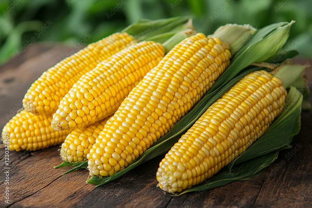 Fresh Yellow Corn on the Cob Wooden Surface Fresh Yellow Corn on the Cob Wooden Surface