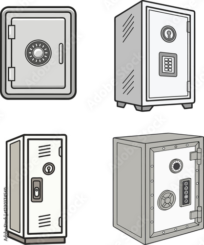 Detailed Bank Vault Illustrations. High Resolution Vector Illustrations of Safes for Security System Advertisements, Bank Marketing, and Financial Content.