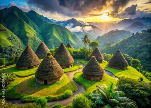 Panoramic Portrait: Wae Rebo Village, Indonesia - Traditional Houses & Stunning Landscape photo