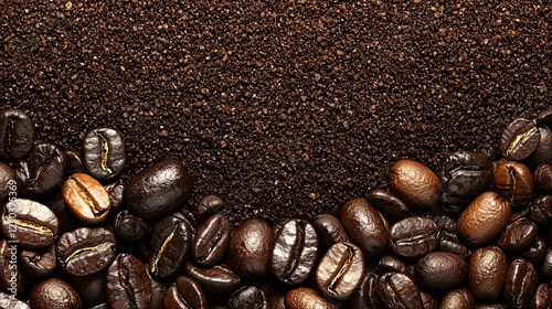 macro shot of used coffee grounds with a few whole coffee beans mixed in, showcasing the contrast between fresh and spent coffee, on a dark background Coffee grounds, espresso machine Coffee 