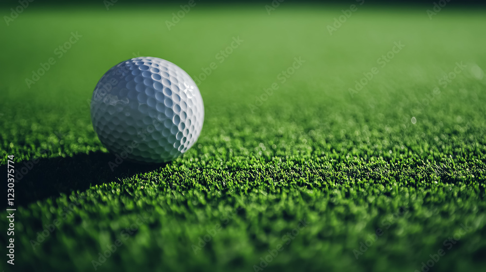 Close-up of a golf ball resting on a green grass field.