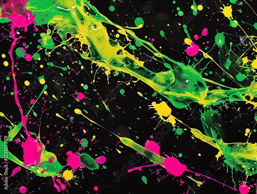 Vibrant splashes of green, yellow, and pink on a solid black backdrop.