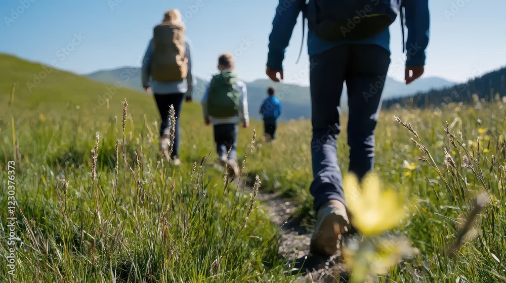 Obraz premium Family Hiking Together on Scenic Trail Surrounded by Nature