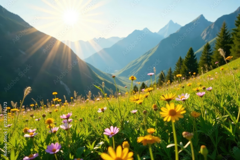 Fototapeta premium Sunlight warms the grass and flowers in a mountain meadow, sunlight, grass