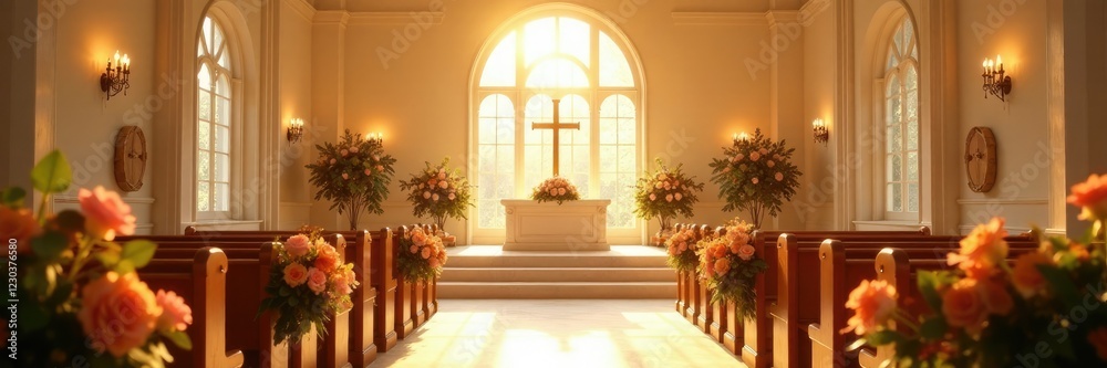 Fototapeta premium Sunlit funeral chapel with candelabras and flower arrangements, candles, funeral chapel, cream