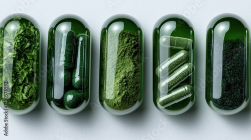 An artistic arrangement of various green supplements in capsules, reflecting the increasing demand for natural health solutions and the diverse range of options available today. photo