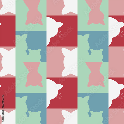 silhouettes of cats on square cells seamless pattern. kittens ornament wrapper, background, wallpaper