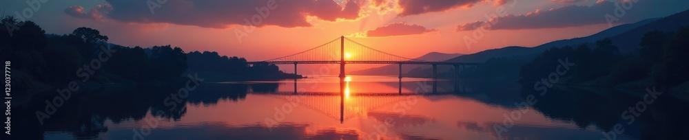 A bridge stretches across the dark waters of a river at dawn, transition, shadows, darkness A bridge stretches across the dark waters of a river at dawn, transition, shadows, darkness
