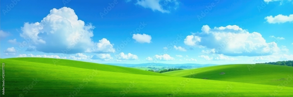 A bright blue sky with fluffy white clouds stretches above a rolling hills landscape, sky, nature, blue A bright blue sky with fluffy white clouds stretches above a rolling hills landscape, sky, nature, blue