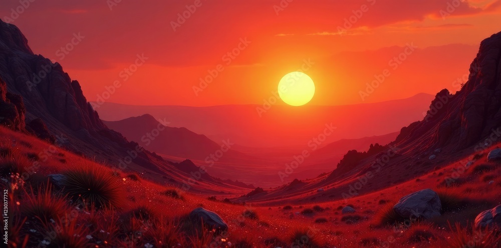Naklejka premium A bright orange sun rises over a crimson valley, red, natural